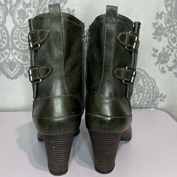Biala Olive Leather Heeled Double Buckle Zip Ankle Booties Size 41 - Picture 6 of 12